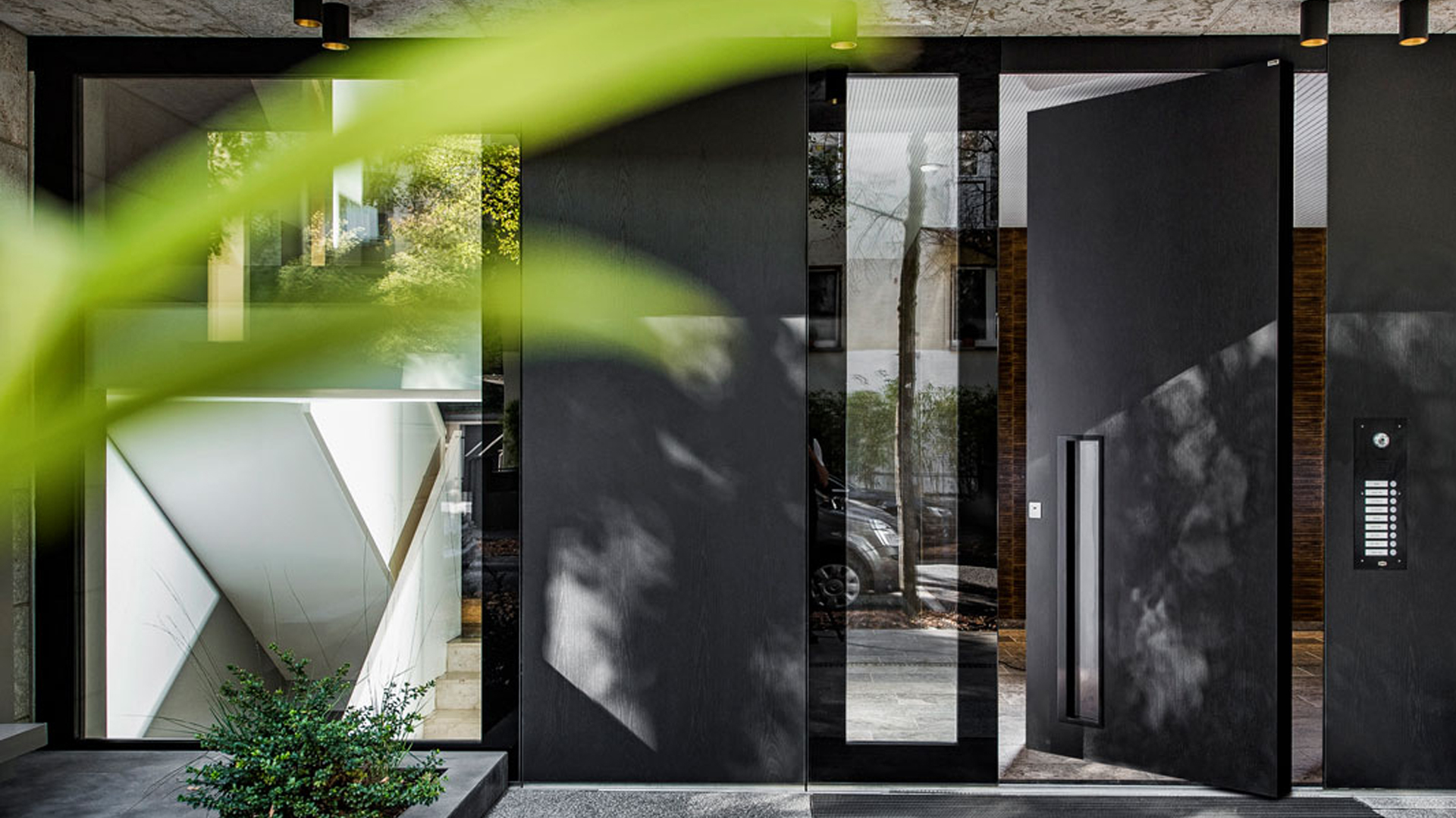 a black door of a modern building